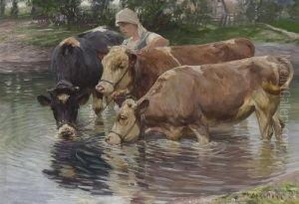 Magd Mit Kuhen An Der
 Tranke. Oil Painting by Max Bergmann