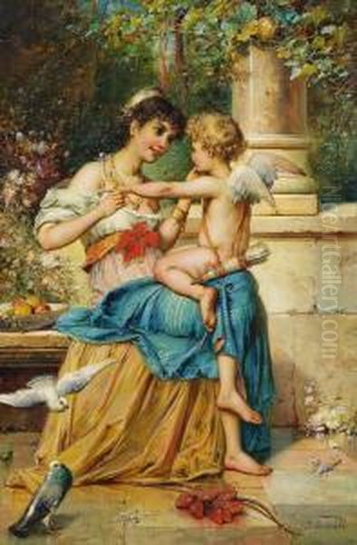 Zugeschrieben - Dame Mit Amor Oil Painting by Joseph Bernard