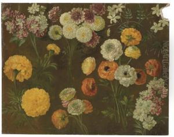Pink And White Matthiola, A Pink
 Dianthus, Chrysanthemum, White Jasmine, Ranonculus And Marigolds Oil Painting by Pancrace Bessa