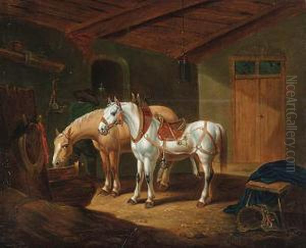 Dwa Konie W Dworskiej Stajni Oil Painting by Johannes Warnardus Bilders