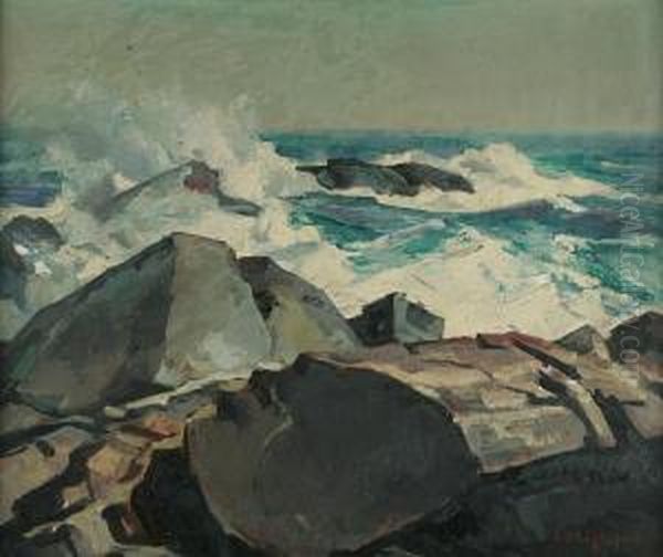 Surf Crashing On Rocks Oil Painting by Abraham Jacobi Bogdanove
