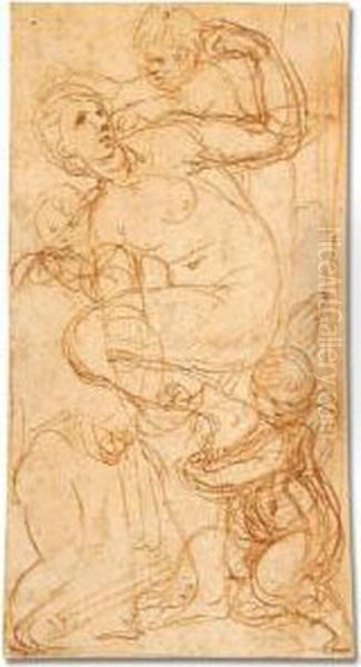 Venus And Cupid With Putti Oil Painting by Perino del Vaga (Pietro Bonaccors)