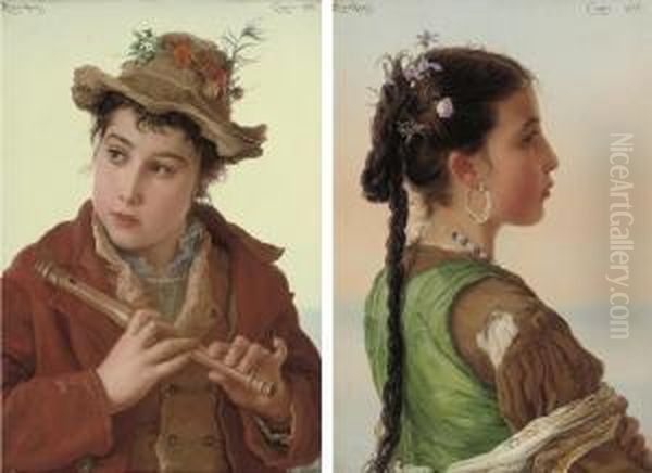 A Capri Boy; And A Capri Girl Oil Painting by Adriano Bonifazi