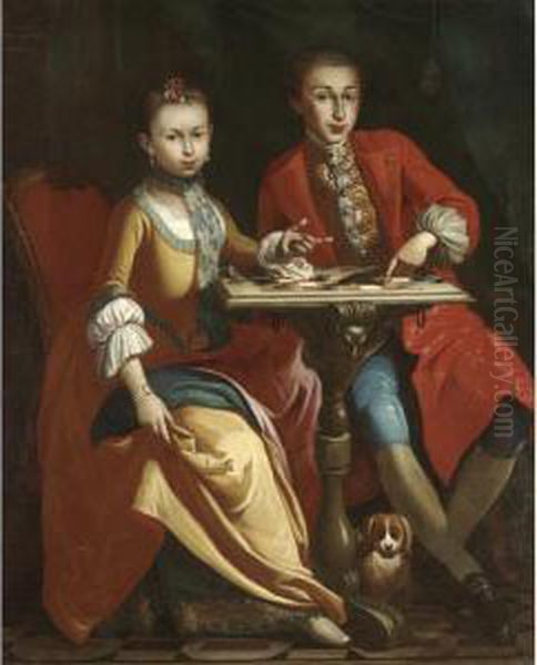 Portrait Of A Pair Of Noble 
Children, Full Length, Seated At A Table Playing Draughts, A Small Dog 
Seated Below Oil Painting by Giuseppe Bonito