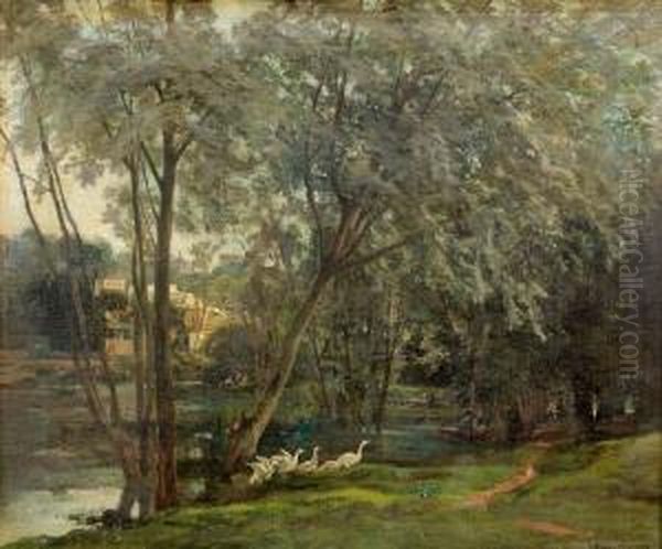 Seeuferpartie Mit Gansen. Oil Painting by Henri-Arthur Bonnefoy