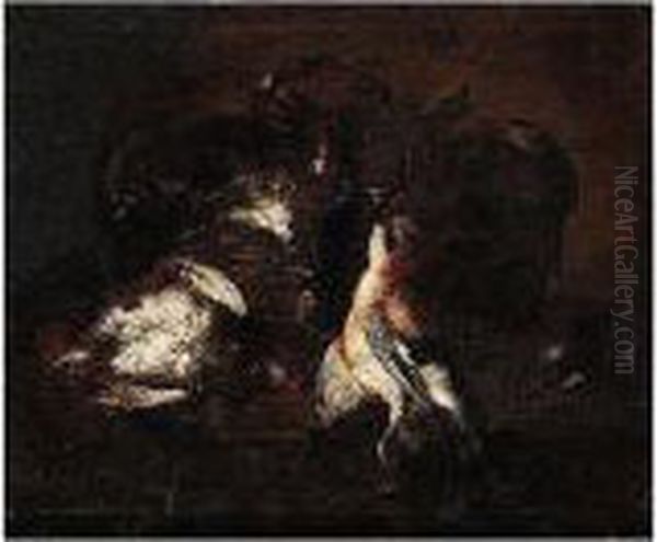 Still Life Of A Jay And A Partridge Beside A Wicker Basket, Upon A Stone Ledge Oil Painting by Felice Boselli Piacenza