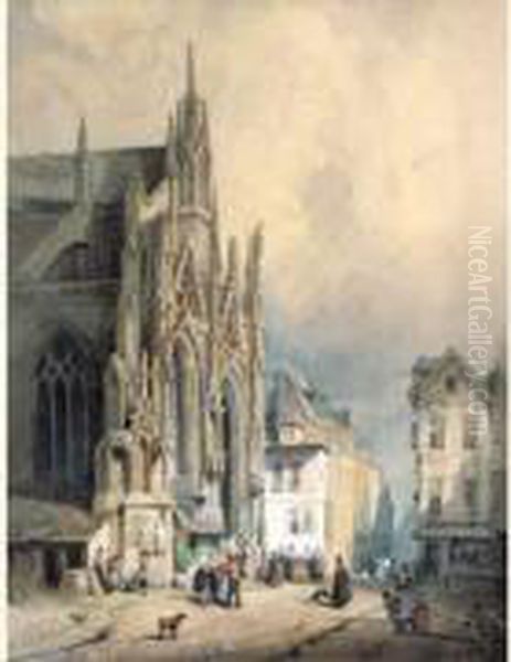 Geanimeerd Stadsgezicht (1839) Oil Painting by Francois Antoine Bossuet