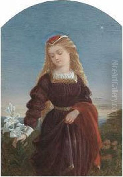 Girl With A Lily Beneath The Evening Star Oil Painting by Auguste Jules Bouvier, N.W.S.