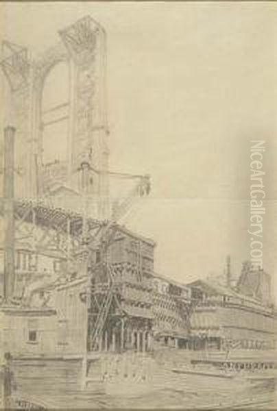 Building Of The Manhattan Bridge. Oil Painting by J. Rutherford Boyd