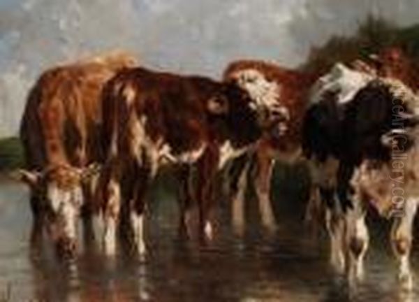 Rinder An Der Tranke Oil Painting by Anton Braith