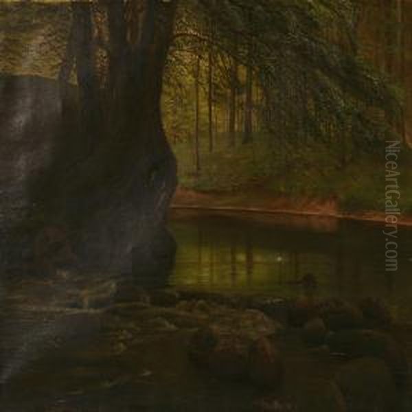 Stream Through A Forest At Summer Time Oil Painting by Johannes Herman Brandt