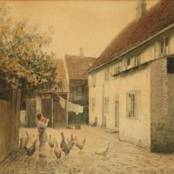 Boy Playing The Flute Among The Chickens In The Backyard Oil Painting by Hans Ole Brasen
