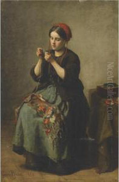 Peasant Woman Threading A Needle Oil Painting by Jules Breton