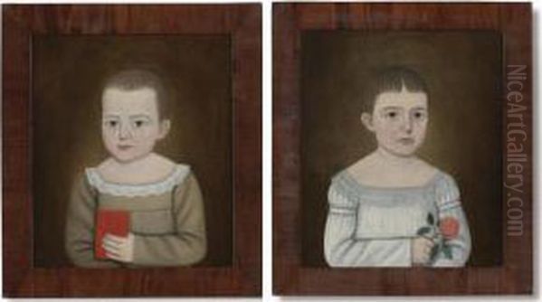 Pair Of Small-scaled Portraits Of A Sister And Brother Oil Painting by John, Brewster Jnr.