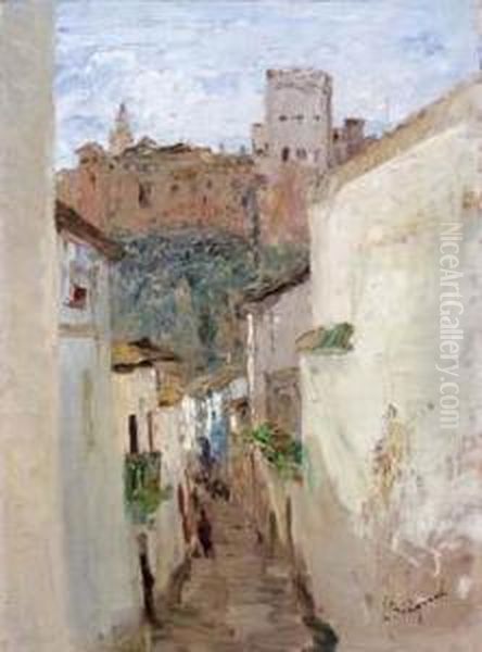 Granada, Una Via Con Sfondo Dell'alhambra Oil Painting by Luigi Brignoli