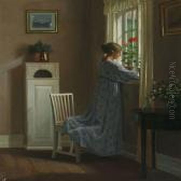 Interior With A Young Female Oil Painting by Alfred K. Harald Broge