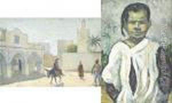Tableau Double Face Representant
 Sur Un Cote : Une Ruelle De Medina Et Sur L'autre : Une Enfant Devant 
Une Palmeraie Oil Painting by Matteo Brondy