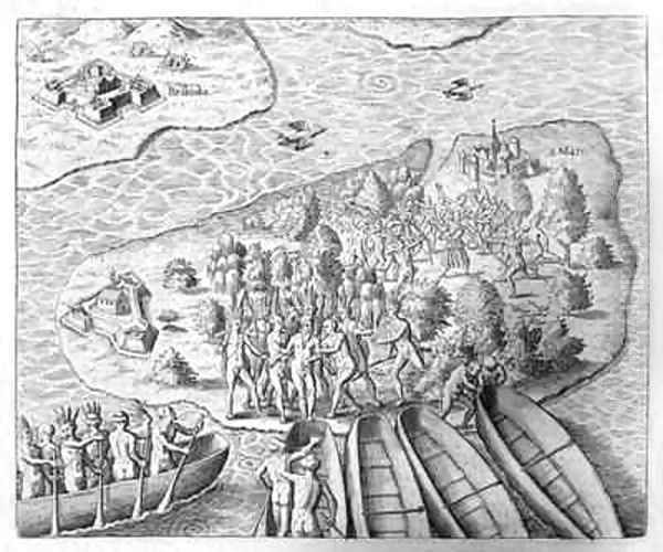 Hans Staden captured by Tupinamba Indians during his voyage to Brazil Oil Painting by Theodore de Bry