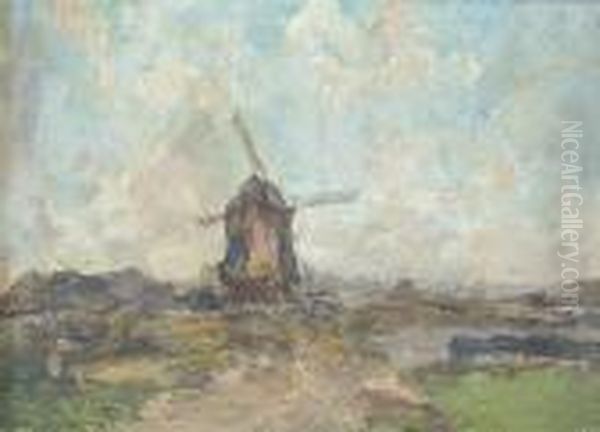 A Windmill Oil Painting by Jules Brouwers