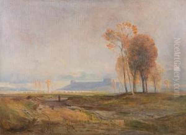 Italian Landscape With Bridge And Fortifiedtown Oil Painting by John Alfred Arnesby Brown