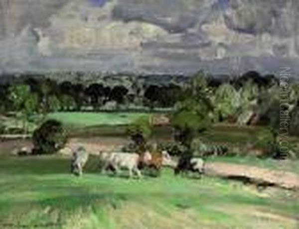 Cows Grazing On A Summer's Day Oil Painting by John Alfred Arnesby Brown