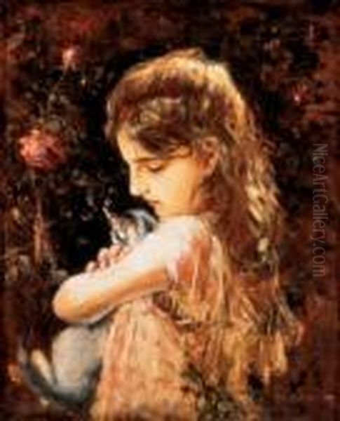 Girl With A Cat Oil Painting by Lajos Bruck