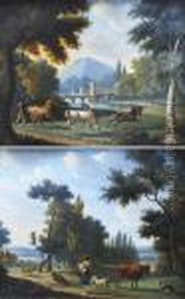 Chevaux En Liberte Pres D'un Chateau - Bergere Et Animaux Pres Dela Ferme Oil Painting by Philippe Budelot