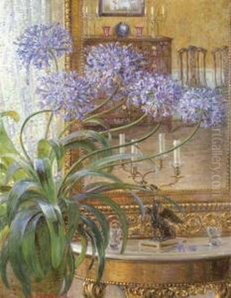 Agapanthus Before Amirror Oil Painting by Carl Budtz-Moller