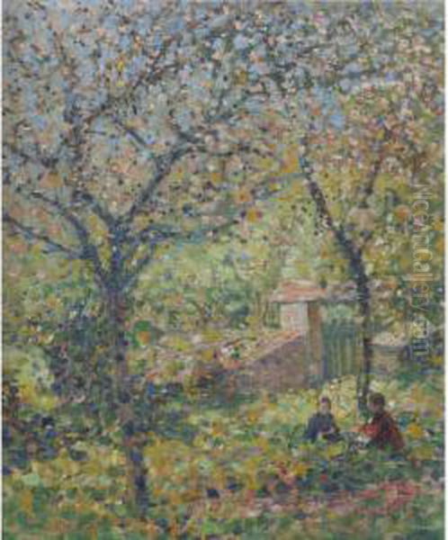 The Artist's Children, Kathleen And George, In The Garden,giverny by Karl Albert Buehr