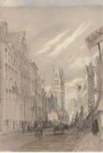 Figures Off To Market, Bruges Oil Painting by John Burgess