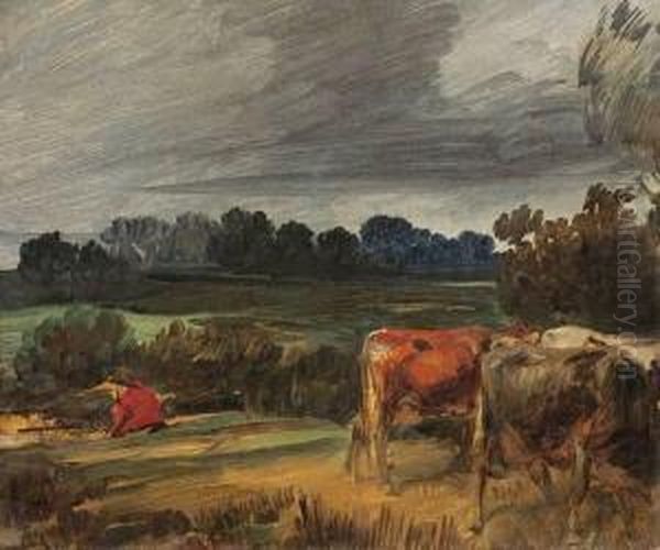 Rotjacke Und Weidende Kuhe In Hugeliger Landschaft Oil Painting by Wilhelm Busch