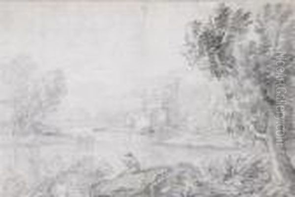 Landscape With Fisherman On A Riverbank Oil Painting by Jan Frans Van Bloemen (Orizzonte)