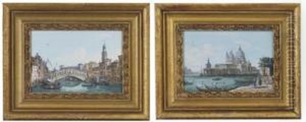The Rialto Bridge, Venice; And Santa Maria Della Salute, Venice Oil Painting by Ippolito Caffi