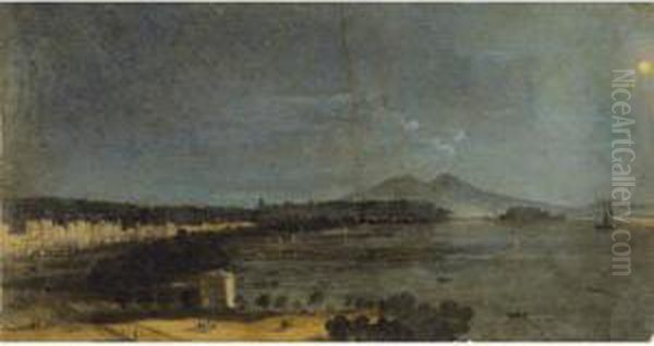 Vue De Naples La Nuit [ ; View 
Of Naples By Night ; Oil On Paper Signed Lower Right Caffi] Oil Painting by Ippolito Caffi