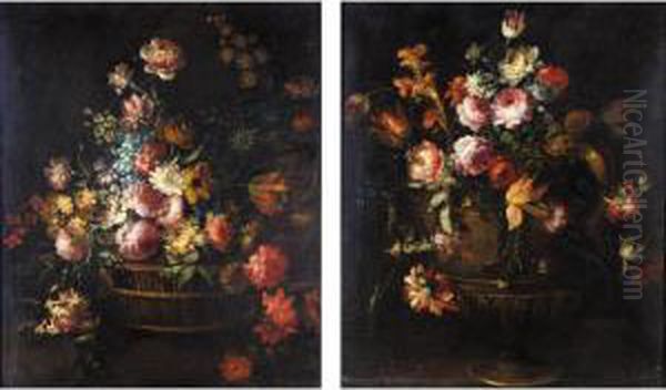 Still Life Of Various Flowers In A Basket Oil Painting by Margherita Caffi