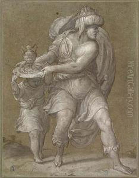 The Moorish King Balthasar Reaching For His Present For The Child.<</b> Oil Painting by Denys Calvaert