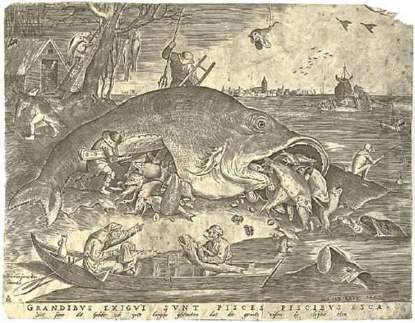 The large Fishes devouring the small Fishes, by P. Van der Heyden Oil Painting by Pieter the Elder Bruegel