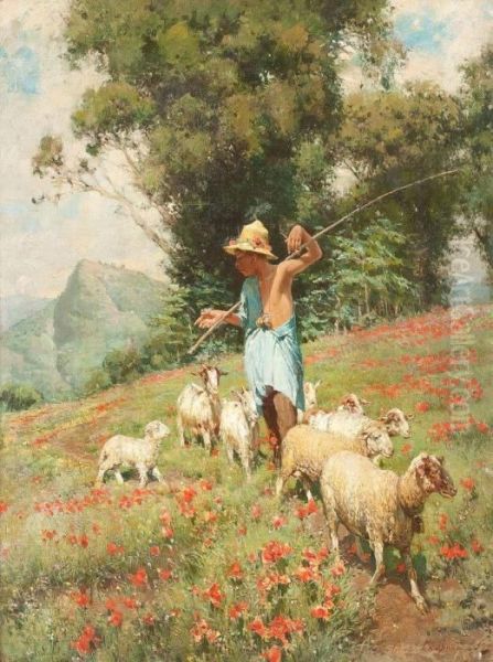 Kleiner Ziegenhirte Mit Seiner Herde Oil Painting by Alceste Campriani