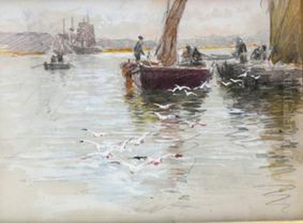 Paisaje Con Barcas Oil Painting by Tomas Campuzano Y Aguirre