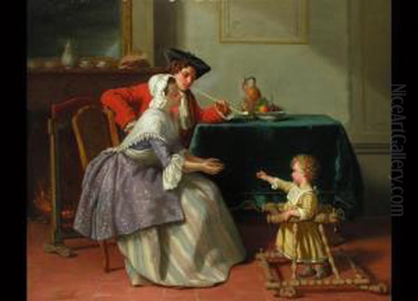 Die Ersten Schritte
 Junges, Elegantes Paar Am Tisch Mit Samtdecke, Weinkrug Und Fruchtschale. Im Kamin Brennt Das Feuer.
 Ol Auf Holz Oil Painting by Jean Carolus