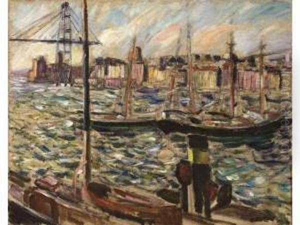 :le Port De Marseille Avec Le Pont Transbordeur Oil Painting by Augustin Carrera