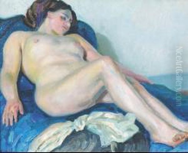 Nu Au Drap Bleu Oil Painting by Augustin Carrera