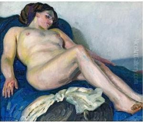 Nu Sur Drap Bleu. Oil Painting by Augustin Carrera