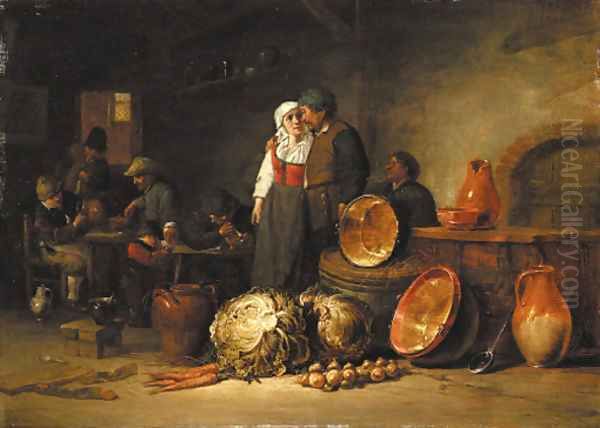 A couple standing by pots and pans in a stable, boors smoking and drinking at tables beyond Oil Painting by Jan Jansz. Van Buesem