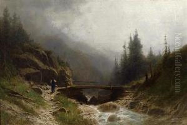 Bergbach Mit Bauerin An Einer Brucke. Der Letzte Gang Vor Dem Gewitter. Oil Painting by Gustave Castan