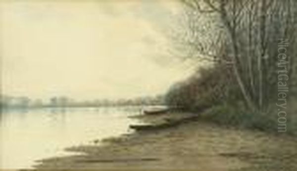 Canoes On The Shore. Signed Lower Right S.r. Chaffee. Oil Painting by Samuel R. Chaffee