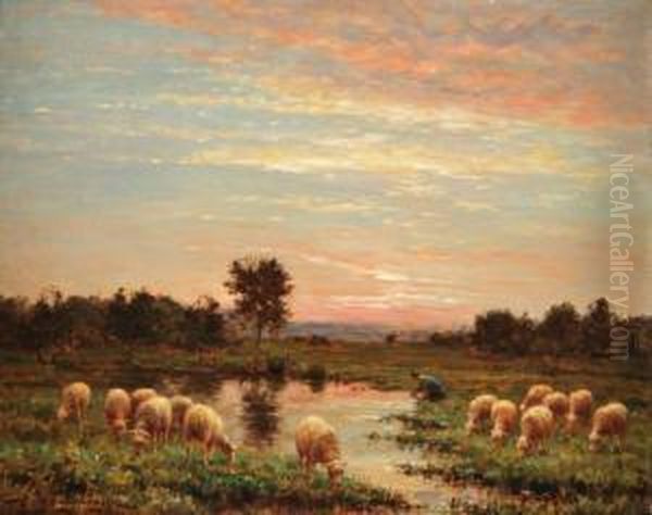 Moutons Pres De La Mare Oil Painting by Jean-Ferdinand Chaigneau