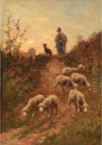 Le Pere Chicoree Conduisantson Troupeau Oil Painting by Jean-Ferdinand Chaigneau