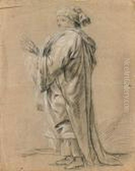 Personnage Drape A L'orientale
 Crayon Noir Et Craie Blanche Sur Papier Beige Oil Painting by Charles Michel-Ange Challe