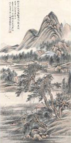 Pine Tree And Pavilion Oil Painting by Feng Chaoran